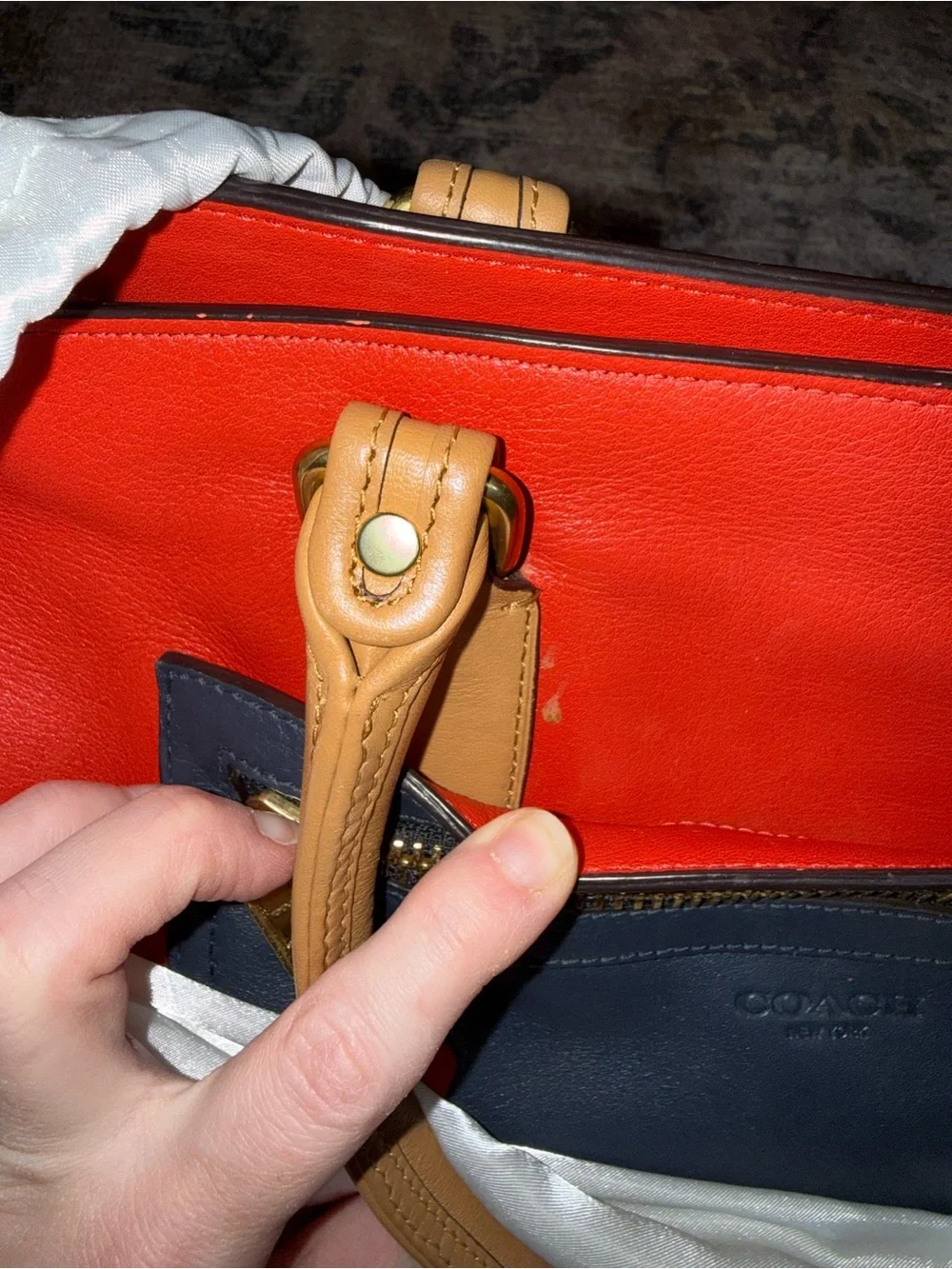 Coach Red, Navy & Tan Colorblock Leather shoulder Satchel with Tassel